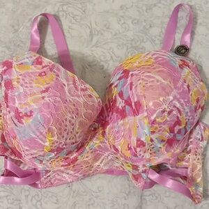 Body frosting bra 44C new with tags pink, yellow, blue, and white.